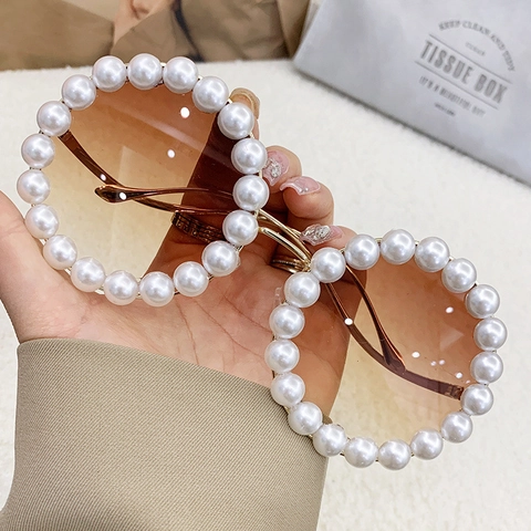 Occhiali Da Sole Rotondi Oversized Retro Montatura In Metallo Lusso Decorazione Con Künstliche Perle Artificiali Lenti Sfumate UV400