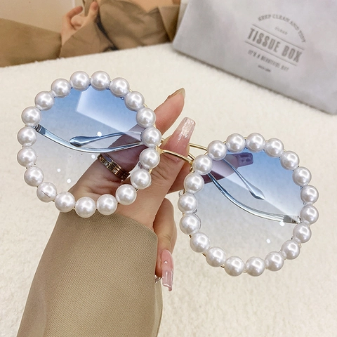 Occhiali Da Sole Rotondi Oversized Retro Montatura In Metallo Lusso Decorazione Con Künstliche Perle Artificiali Lenti Sfumate UV400