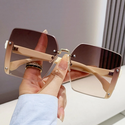 Fashion Rimless Square Sunglasses For Women Oversized Gradient Lenses UV400 Sun Protection Vintage Metal Decor Eyewear