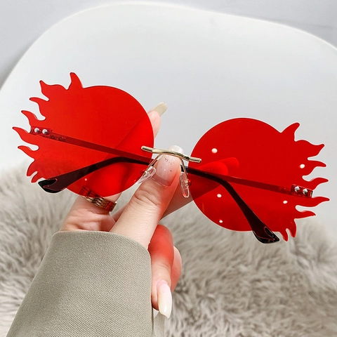 Lunettes De Soleil Sans Monture En Forme De Flamme UV400 Monture Métal Verres Feu Punk Tendance Pour Fête Rave