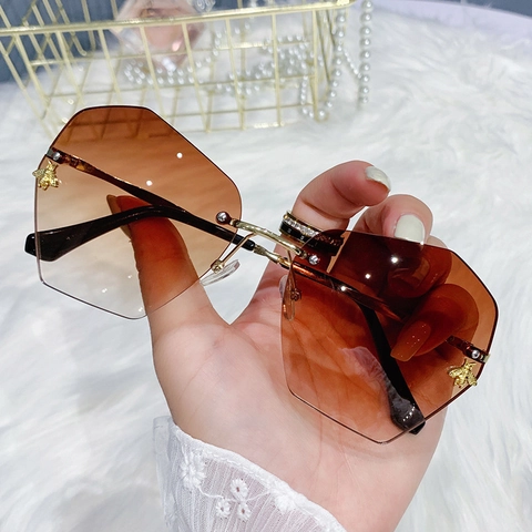 Damen Randlose Sonnenbrille Polygon Farbverlauf Gläser Bienen Dekor UV400 Metallrahmen Mode Vintage Brillen