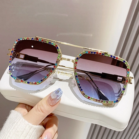 Damen Oversized Quadratische Sonnenbrille Metallrahmen Mit Bunten Strasssteinen Verlauf Gläser Luxuriöse Vintage Brille