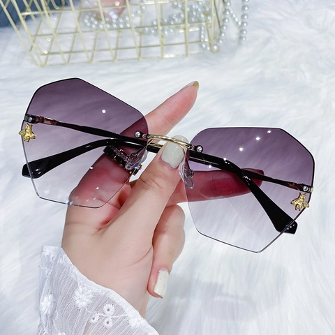 Damen Randlose Sonnenbrille Polygon Farbverlauf Gläser Bienen Dekor UV400 Metallrahmen Mode Vintage Brillen