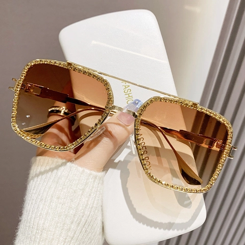 Damen Oversized Quadratische Sonnenbrille Metallrahmen Mit Bunten Strasssteinen Verlauf Gläser Luxuriöse Vintage Brille