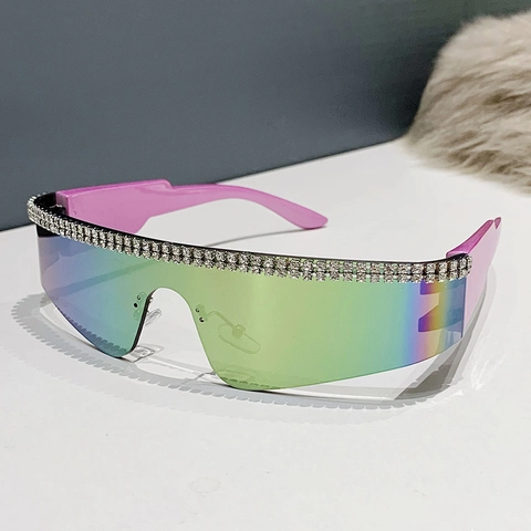 Lunettes De Soleil Shield Surdimensionnées Femmes Sans Monture Strass Y2K Punk Verres Intégrés UV400 Mode