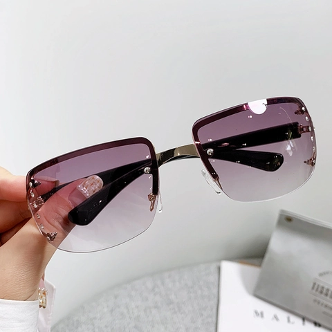 Lunettes De Soleil Carrées Sans Monture Femmes Monture Métal Strass Luxe Oversize Protection UV400 Verres Dégradés Punk Y2K