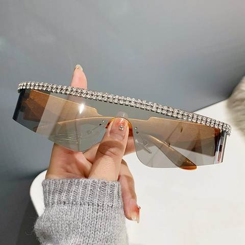 Lunettes De Soleil Shield Surdimensionnées Femmes Sans Monture Strass Y2K Punk Verres Intégrés UV400 Mode
