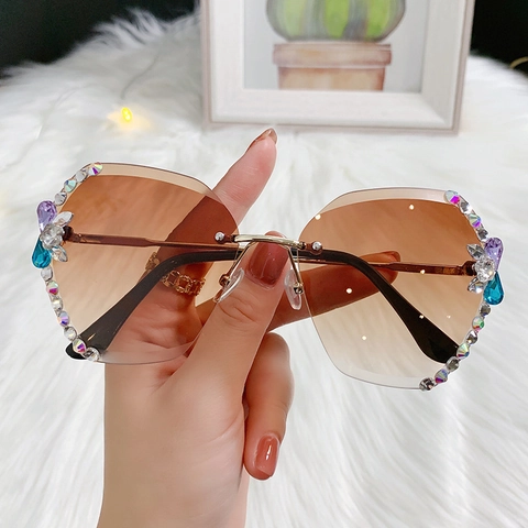 Lunettes De Soleil Sans Monture Femmes Ornées De Strass Verres Dégradés Monture En Métal Mode Vintage Luxe