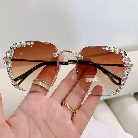 Gafas De Sol Sin Montura Mujer Marco Metal UV400 Lente Degradada Flor Diamante Imitación Decorativo Elegante