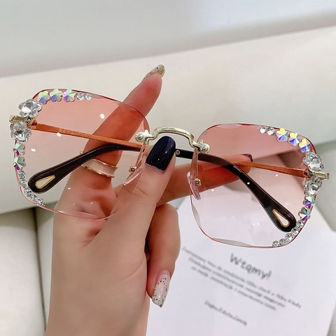 Gafas De Sol Sin Montura Mujer Marco Metal UV400 Lente Degradada Flor Diamante Imitación Decorativo Elegante