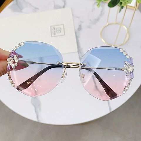 Occhiali Da Sole Senza Montura Lusso Da Donna Montatura In Metallo Strass Fiore Lenti Sfumate UV400 Eleganti