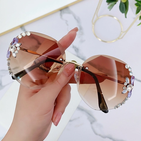 Occhiali Da Sole Senza Montura Lusso Da Donna Montatura In Metallo Strass Fiore Lenti Sfumate UV400 Eleganti
