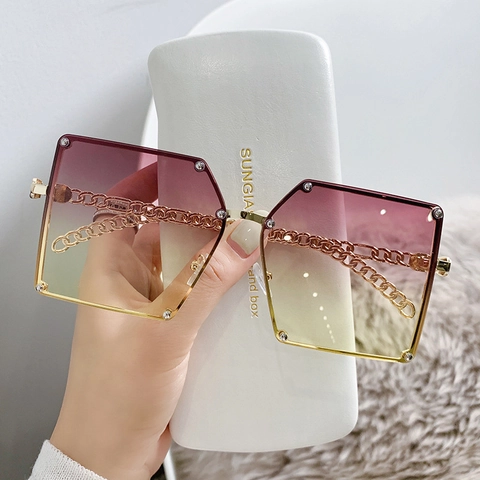 Oversized Square Sunglasses Women Metal Chain Temples Gradient Lens UV400 Fashion Luxury Rhinestone Rivet Eyewear