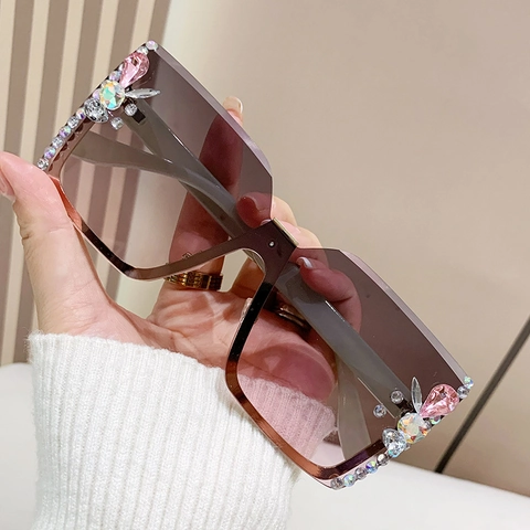 Dames Oversized Vierkante Zonnebril Randloos Strass Kristal Verlooplenzen UV400 Mode Luxe Feest Brillen