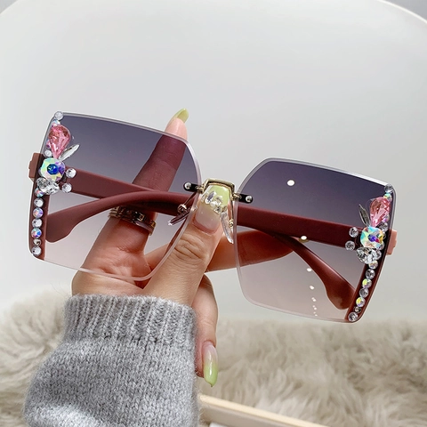 Randlose Übergroße Eckige Sonnenbrille Für Damen Mit Strass Und Kristallen Verlauf UV400 Mode Luxus Brillen