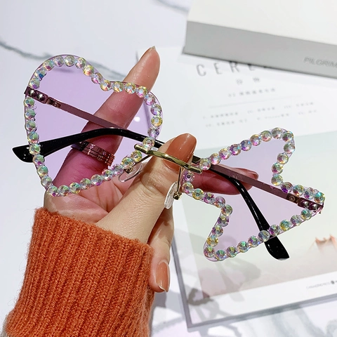 Heart Star Shaped Rimless Sunglasses Rhinestone Trim Metal Frame UV400 Party Festival Y2K Trendy Eyewear For Women