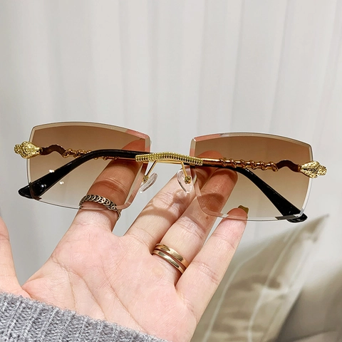 Rimless Sunglasses Metal Frame Gradient Lens UV400 Protection Twisted Temple Retro Square Eyewear For Women Men