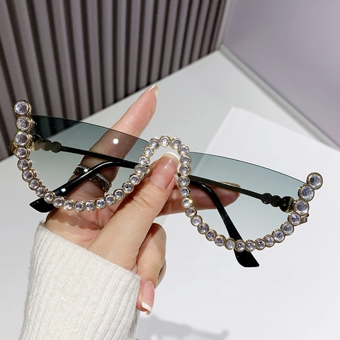 Occhiali Da Sole Cat Eye Da Donna Montura A Metà In Metallo Con Strass Protezione UV400 Moda Lusso Trendy