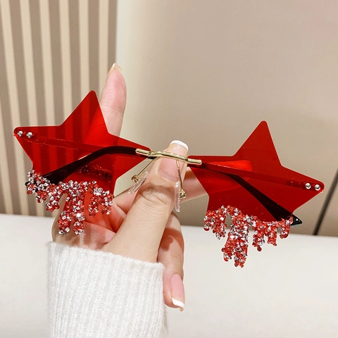 Occhiali Da Sole Senza Montatura A Forma Di Stella Con Nappine Di Strass Montatura In Metallo Moda Party Per Donna