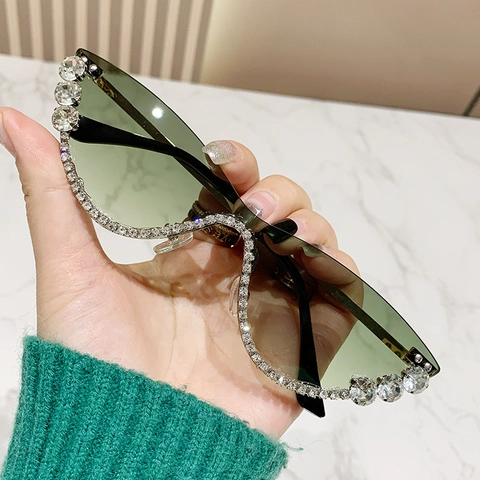 Occhiali Da Sole Occhio Di Gatto Senza Montatura Donna Moda Lusso Strass Cristallo Lenti Sfumate UV400 Viaggio Festa Accessorio