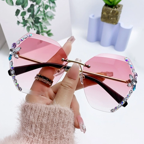 Gafas De Sol Oversized Sin Montura Mujeres Montura Metálica Lente AC Degradado Decoración Flor Diamantes Imitación Lujo