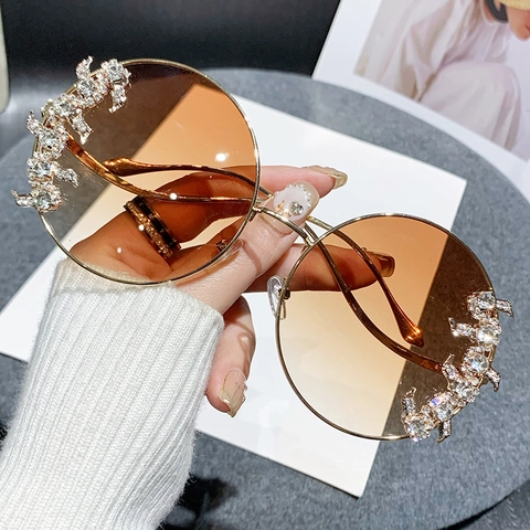 Occhiali Da Sole Rotondi Oversize Da Donna Strass Montatura In Metallo Lenti Sfumate Moda Lusso Senza Montura
