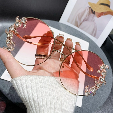 Occhiali Da Sole Rotondi Oversize Da Donna Strass Montatura In Metallo Lenti Sfumate Moda Lusso Senza Montura