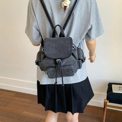 Dames Vintage Denim Rugzak Casual Canvas Rugzak Met PU-Lederen Afwerking Flap Drawstring Grote Capaciteit Mode Reistas