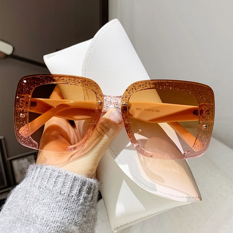 Fashion Square Oversized Sunglasses Glitter PC Frame UV400 Gradient Lens Y2K Semi Rimless Retro Party Eyewear Unisex