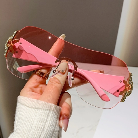 Gafas De Sol Sobredimensionadas Sin Montura Para Mujer Lentes Degradadas Bisagra De Diamantes Imitación Y2K
