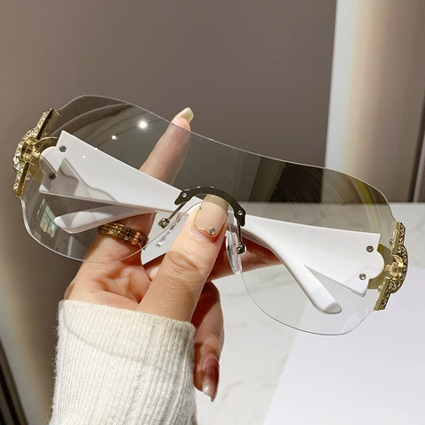 Gafas De Sol Sobredimensionadas Sin Montura Para Mujer Lentes Degradadas Bisagra De Diamantes Imitación Y2K