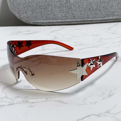 Gafas De Sol Escudo Cuadradas Sin Montura Y2K Oversized Lentes PC Decoración Estrella Metal UV400 Punk Cyber Trendy
