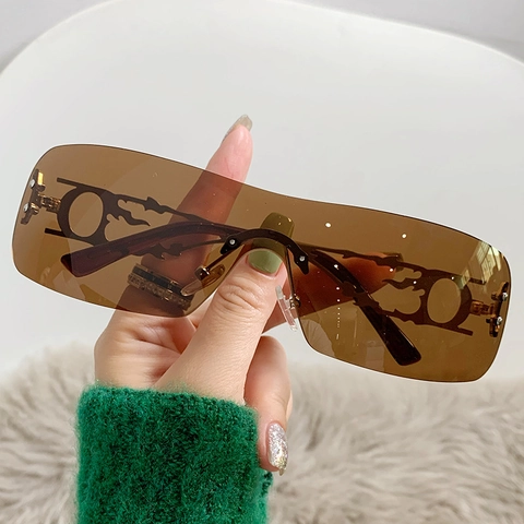 Frameless Sunglasses Y2K Cyberpunk Style Metal Flame Hollow Temples Oversized Wrap Around Lenses Trendy Eyewear For Women