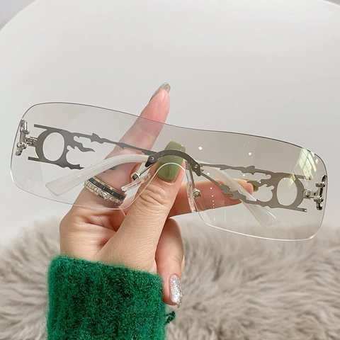 Frameless Sunglasses Y2K Cyberpunk Style Metal Flame Hollow Temples Oversized Wrap Around Lenses Trendy Eyewear For Women