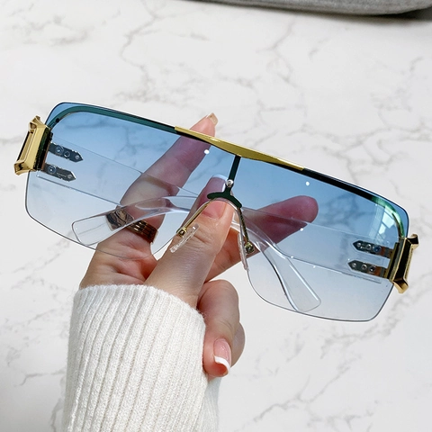 Fashion Y2K Oversized Shield Sunglasses Square Semi-Rimless Metal Frame UV400 Protection PC Lens Trendy Eyewear Women