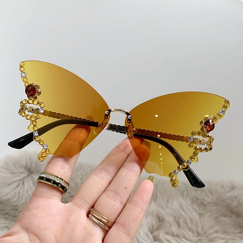 Vlinder Randloze Zonnebril Metalen Frame Strass Gradiënt Lenzen Luxe Mode Dames Brillen Accessoires