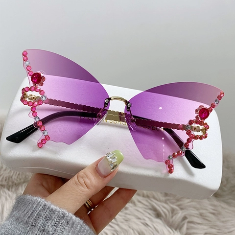 Vlinder Randloze Zonnebril Metalen Frame Strass Gradiënt Lenzen Luxe Mode Dames Brillen Accessoires