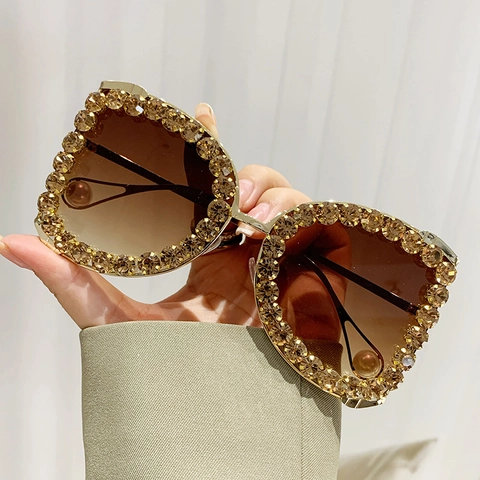 Gafas De Sol Cuadradas Oversize Lujo Mujer Montura Metal Con Diamantes De Imitación Detalle Perla Artificial UV400