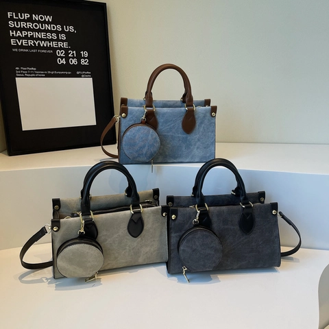 Women Large Capacity Contrast Color Tote Bag Vintage PU Leather Denim Canvas Patchwork Handbag With Round Coin Purse Charm