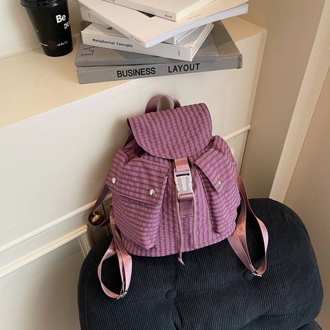 Mochila a Cuadros Casual Japonesa para Mujer Moda Cordón Lona Bolsa de Escuela Gran Capacidad Retro Estudiante Mochila