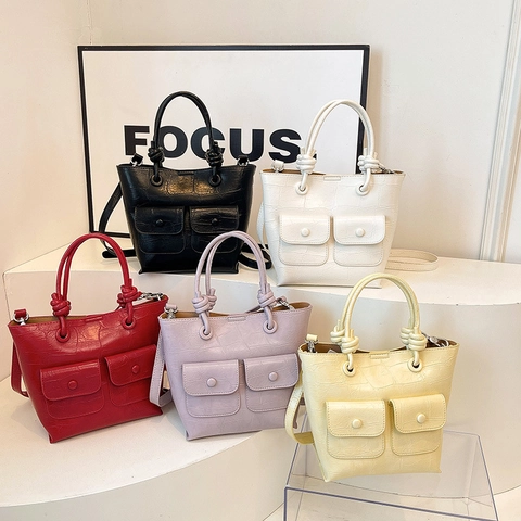 Fashion Women Crocodile Embossed PU Leather Handbag With Knotted Handle Double Front Pockets Commuting Shoulder Crossbody Bag
