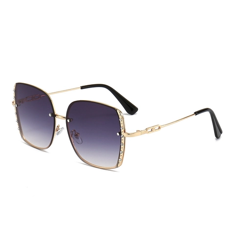 Oversized Square Sunglasses For Women Metal Frame Rhinestone Gradient Lenses UV400 Luxury Fashion Hollow Chain Temples