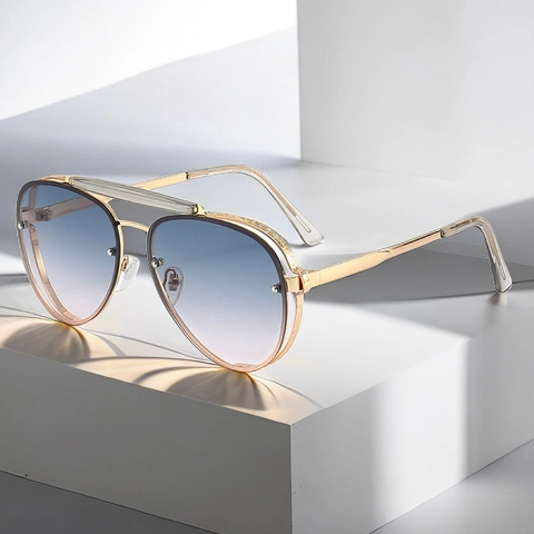 Aviator Sunglasses Metal Square Frame Retro Double Bridge Gradient Lenses UV400 Fashion Eyewear For Men Women