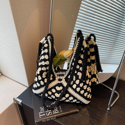 Borsa Tote Intrecciata a Uncinetto Fatta a Mano per Donna Motivo Geometrico Bohémien Borsa a Tracolla Con Nappine Vacanza al Mare Borsa Casual Grande