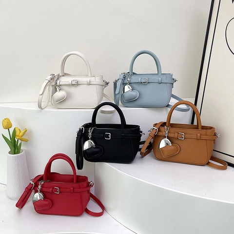 Women PU Leather Lychee Pattern Handbag Mini Tote With Heart Pendant Crossbody Shoulder Bag Adjustable Strap Fashion Casual