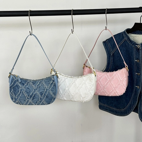 Borsa Hobo Retrò In Denim Con Rombi Sfilacciati Grande Capacità Mezzaluna Borsa A Spalla Sottoascella Donna Chic
