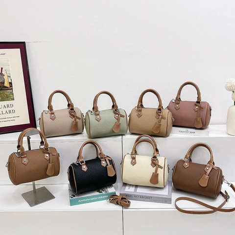 Bolso Boston Para Mujer Color En Contraste Patrón Lychee Bolso De Mano Cuero PU Con Asas Y Correa Ajustable