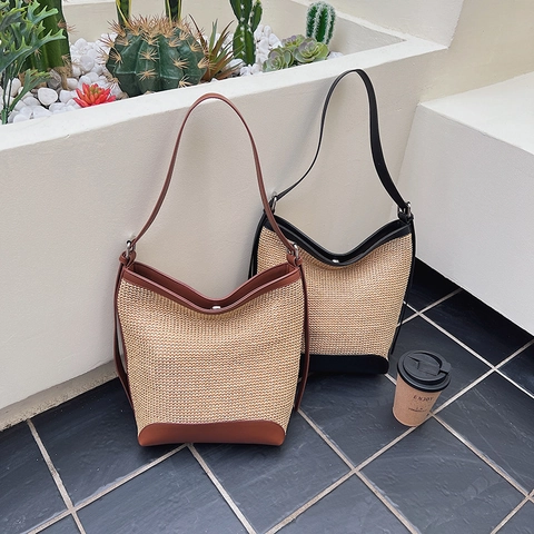 Borsa A Secchiello Intrecciata In Paglia Donna Grande Capacità Patchwork Pelle PU Estate Vacanze Spiaggia Borsa A Spalla Fibbia Magnetica