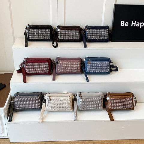 Women Fashion Rhinestone Studded Crossbody Bag PU Leather Multi Layer Zipper Shoulder Bag Square Handbag With Wristlet Strap