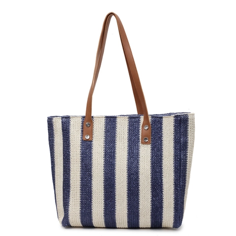 Sac Cabas Tissé Rayé Grande Capacité Sac À Épaule Femmes Style Plage Vacances Avec Poignée En Cuir PU Et Rivets